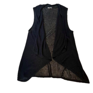 EILEEN FISHER Organic Linen Open Knit Vest, Black, Waterfall Shawl Collar, Small